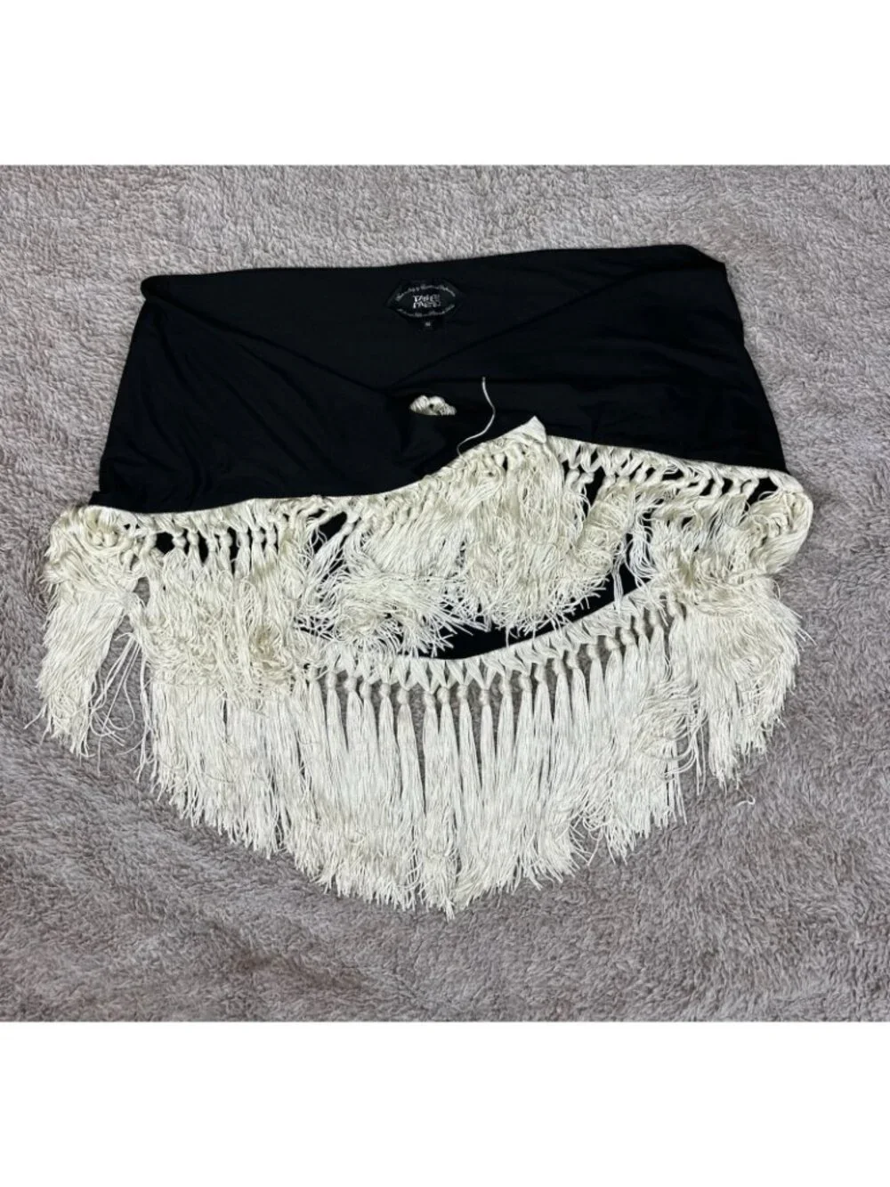 NWOT Taller Marmo Lido Fringed Pareo Wrap Skirt Swim Cover Up Black Ivory Sz M
